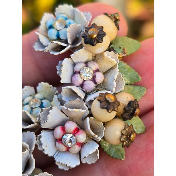 Vintage Clip On Hand Painted Enamel Petal Floral Beaded Cluster Climber Earrings - Picture 7 of 10